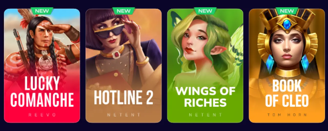 Cztery kafelki nowych slotów oznaczone „NEW”: Lucky Comanche, Hotline 2, Wings of Riches oraz Book of Cleo, z ilustracjami postaci na kolorowych tłach